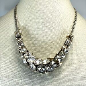 Fossil White Glass Rhinestone Silver Tone Statement Necklace Chain Charms Trendy